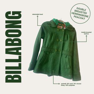 Billabong Double Breasted Herringbone Peacoat with Detachable Hood